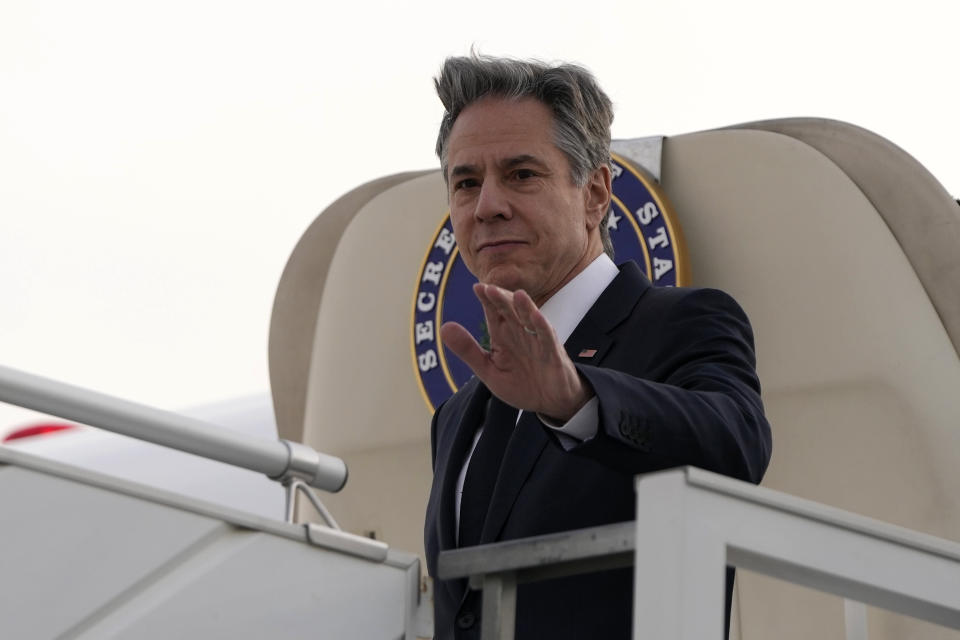 US Secretary of State Antony Blinken disembarks from the plane upon arriving at King Khalid International Airport, in Riyadh, Saudi Arabia, Monday, Feb. 5, 2024. (AP Photo/Mark Schiefelbein, Pool)