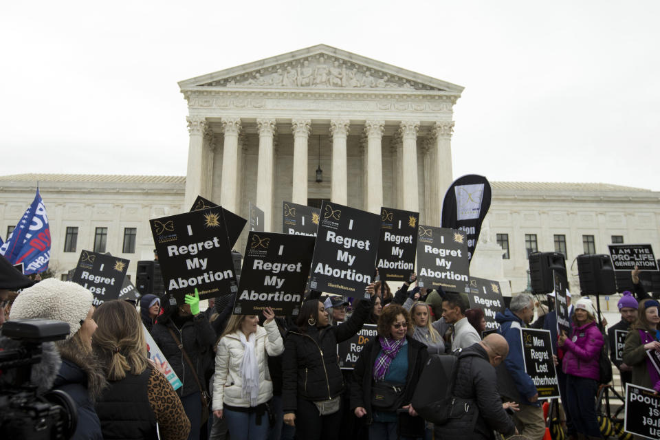 Anti-abortion activists rally outside of the U.S. Supreme Court, during the March for Life in Washington, Friday, Jan. 24, 2020. (AP Photo/Jose Luis Magana)