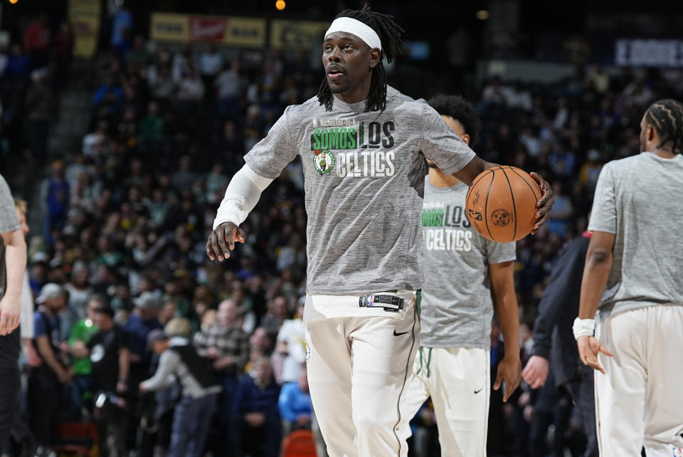 Boston Celtics guard Jrue Holiday (4) in the first half of an NBA basketball game Thursday, March 7, 2024, in Denver.  (AP Photo/David Zalubowski)