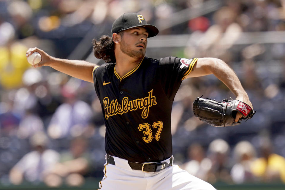 Pittsburgh Pirates starting pitcher Jared Jones delivers during the first inning of a baseball game against the Minnesota Twins, Sunday, June 9, 2024, in Pittsburgh. (AP Photo/Matt Freed)