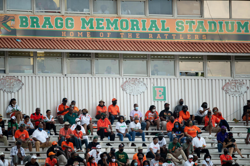 Fans sit in the new stands after the first phase of the Bragg Memorial Stadium renovation project in September 2021.