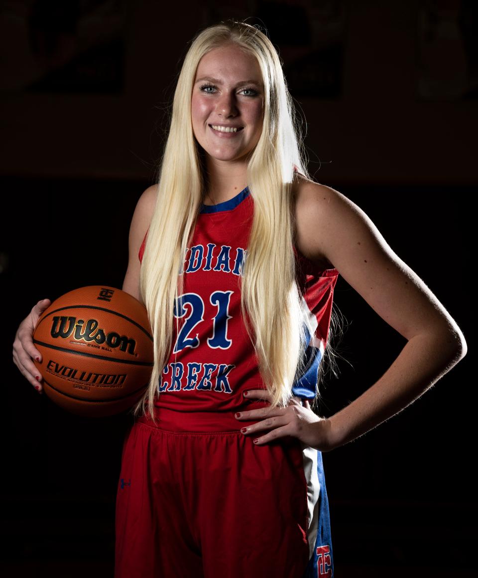 Indian Creek Faith Wiseman (21) poses for a photo on Wednesday, Oct. 19, 2022, at Lawrence Central High School in Indianapolis.