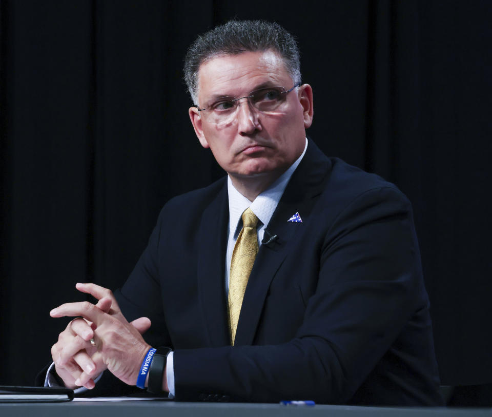 FILE - Gubernatorial candidate and state Treasurer John Schroder takes part in the first televised debate of the Louisiana governor's race at the WWL-TV Studios in New Orleans, Thursday, Sept. 7, 2023. (Sophia Germer/The Times-Picayune/The New Orleans Advocate via AP, Pool, File)