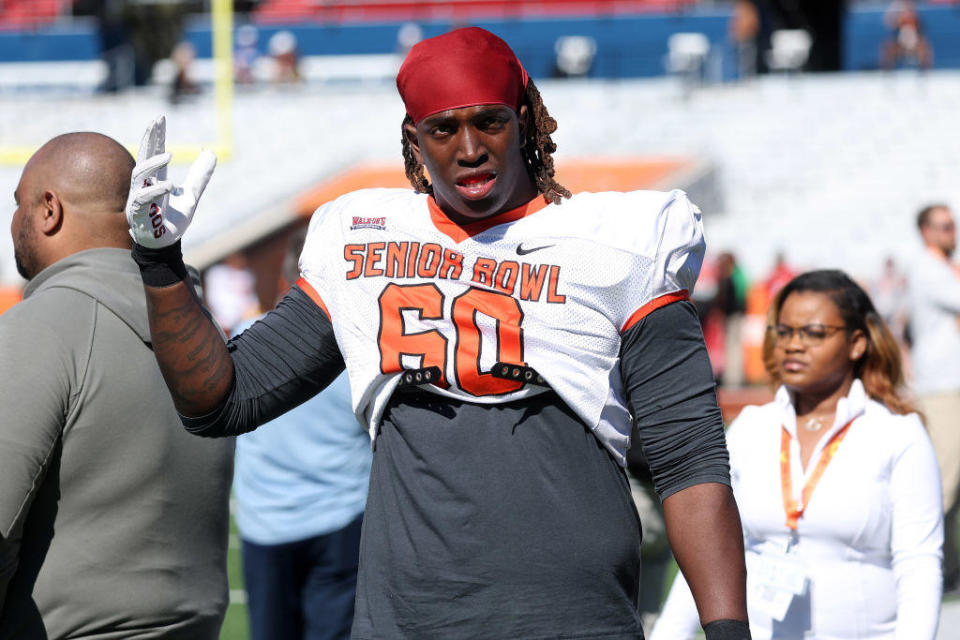 Offensive lineman Tyler Guyton of Oklahoma during the American Team practice for the Reese's Senior Bowl on Jan. 31, 2024, at Hancock Whitney Stadium in Mobile, Alabama. / Credit: Michael Wade/Icon Sportswire via Getty Images