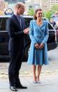 <p>For her final look on her final day in Scotland, the Duchess of Cambridge chose a chic powder blue Catherine Walker coat. The Duke even coordinated with his wife, sporting a blue tie and navy suit. </p>