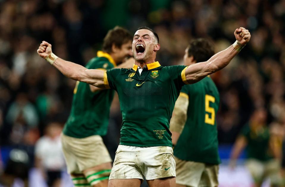 South Africa’s Jesse Kriel celebrates after winning the World Cup final (REUTERS)