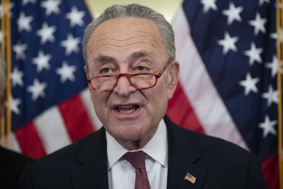 Senate Minority Leader Chuck Schumer of N.Y., speaks during a news conference on healthcare on Capitol Hill, Tuesday, Feb. 4, 2020, in Washington. Democrats will call on President Donald Trump to drop his lawsuit and work with Democrats to lower prescription drug costs and expand healthcare coverage. (AP Photo/Alex Brandon)