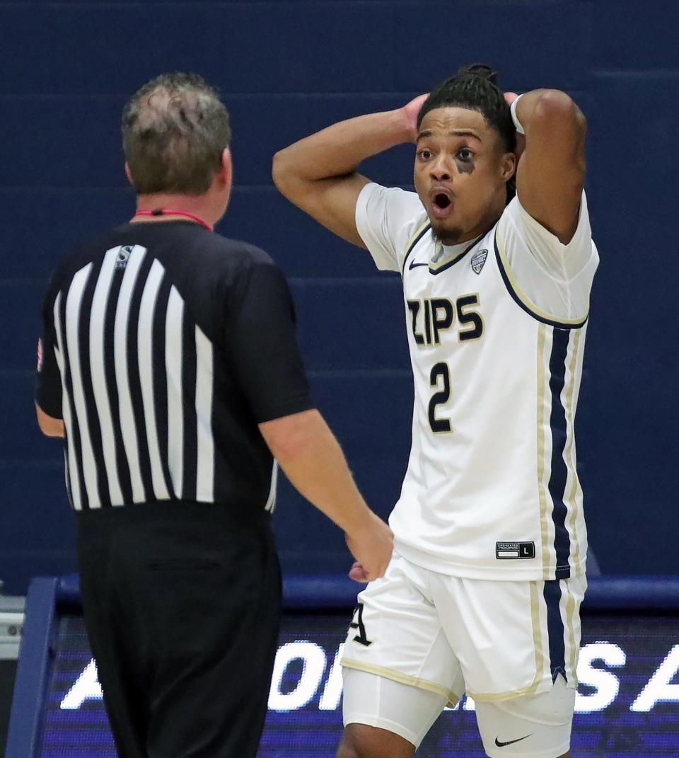 Akron guard Greg Tribble (2) reacts after a foul during a game against Ohio on Jan. 23 in Akron. Tribble scored 18 points Friday in the Zips' 90-84 loss at Western Michigan.