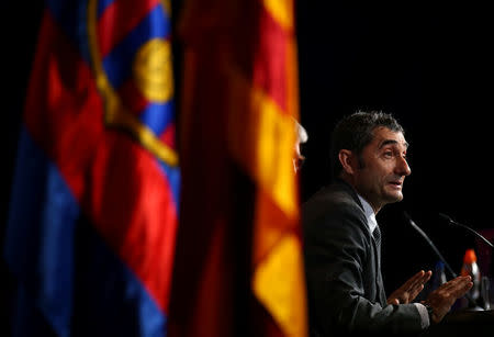 FC Barcelona's new coach Ernesto Valverde attends a news conference at the Camp Nou stadium in Barcelona, Spain June 1, 2017. REUTERS/Albert Gea