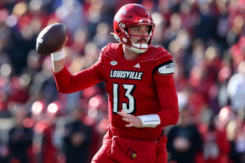 Quarterback Jack Plummer and the Louisville Cardinals will face the USC Trojans in the 2023 Holiday Bowl. File Photo by John Sommers II/UPI