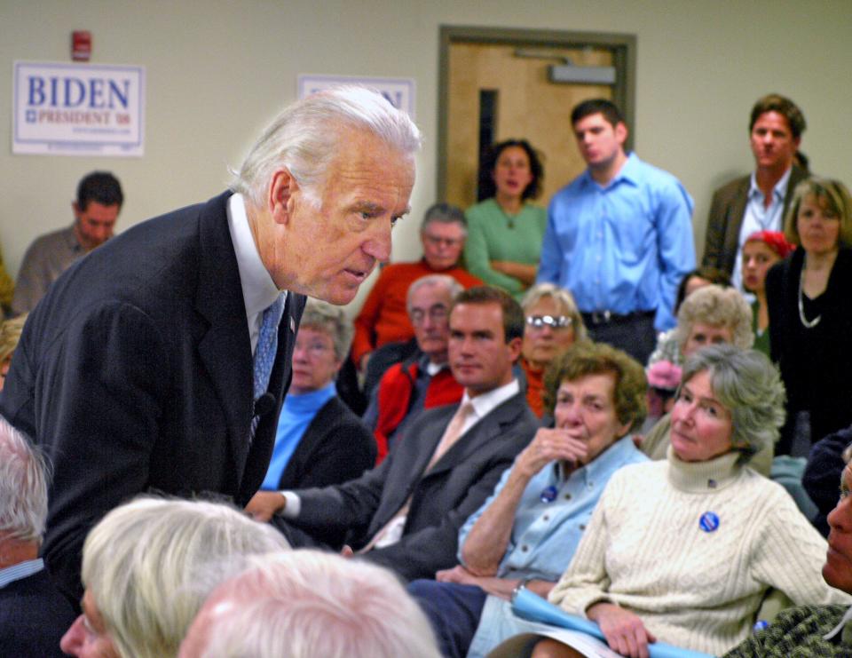 In this file photo from 2007, Sen. Joe Biden D-Delaware, then a candidate in the Democratic presidential primary, spoke a forum at Seacoast Media Group in Portsmouth. Biden supporters Eileen Foley and her daughter, Mary Carey Foley of Portsmouth, are seen in the audience.