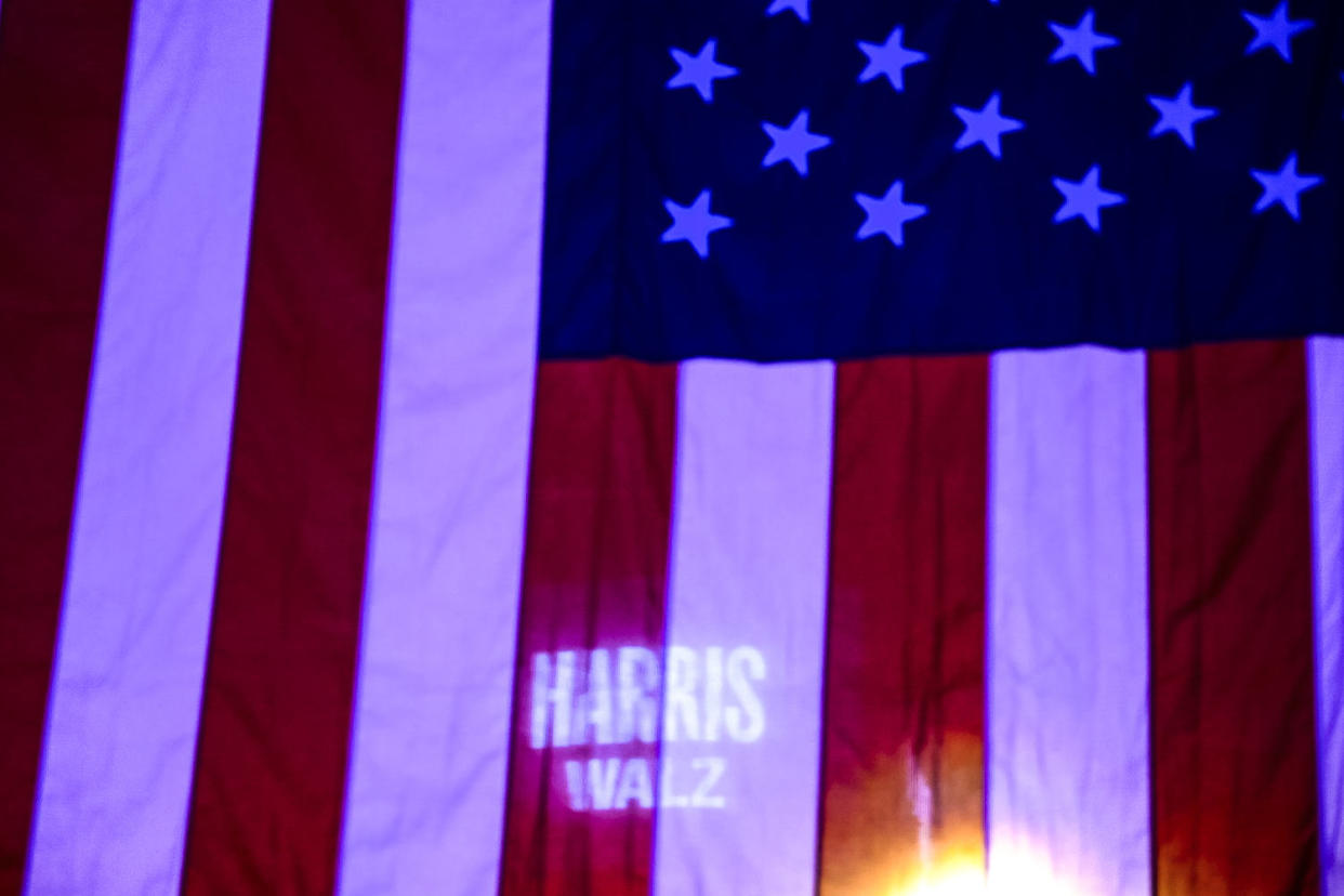 A flag Is seen before a campaign rally  (Pete Kiehart for NBC News)