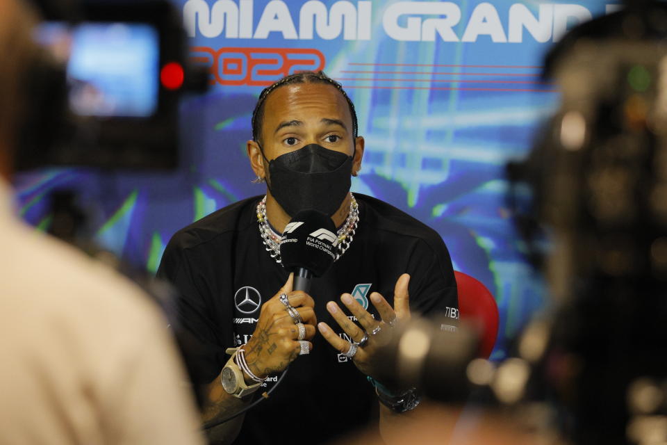 MIAMI GARDENS, FLORIDA - MAY 06: British driver Lewis Hamilton of Mercedes - AMG Petronas speaks during a news conference ahead of the F1 Grand Prix of Miami at the Miami International Autodrome on May 06, 2022 in Miami Gardens, Florida. (Photo by Stringer/Anadolu Agency via Getty Images)