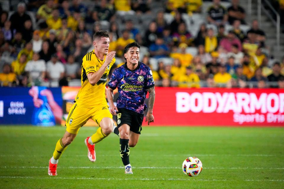 Sep 25, 2024; Columbus, Ohio, USA; Columbus Crew midfielder Sean Zawadzki (25) chases down the ball in the first half of the Campeones Cup Final at Lower.com Field.