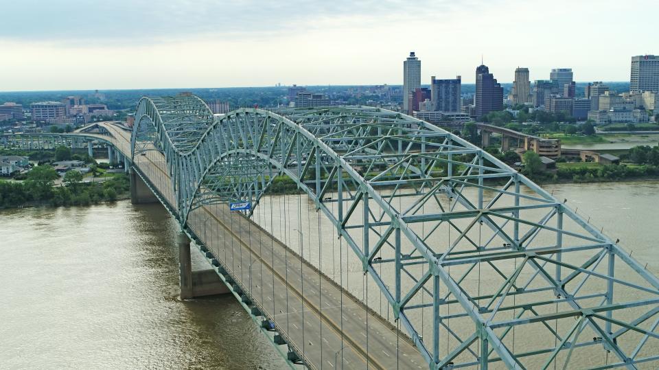 The Memphis skyline can be seen over the Hernando de Soto Bridge, which was shut down to vehicle traffic following the discovery of a crack, was photographed by a drone on Sunday, May 16, 2021.