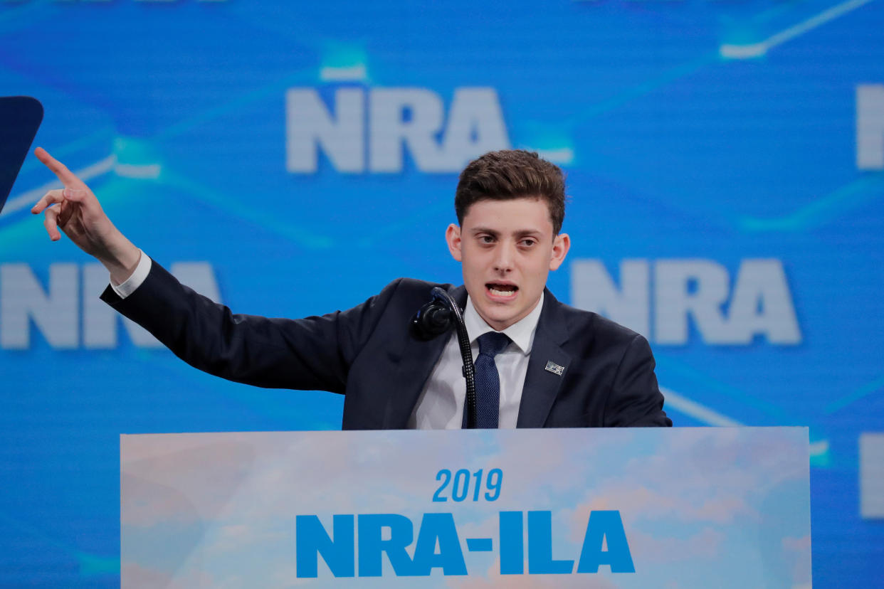 Kyle Kashuv addresses the National Rifle Association's annual meeting in Indianapolis, Ind., in April. (Lucas Jackson/Reuters)