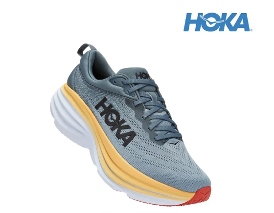 Hoka Men Bondi 8 Wide Running Shoes in grey and yellow.