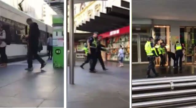 The man boards a tram with flowers in his hand, before being escorted off by police and made to return the boquet. Pictures: Joshua John Arnott