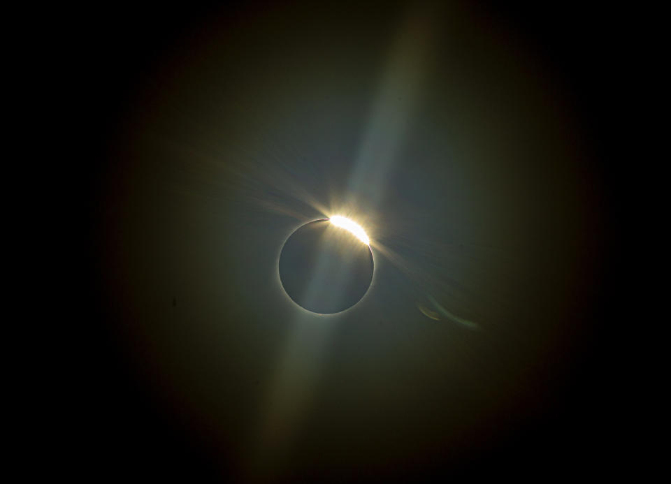 The moon blocks the sun during a total solar eclipse in La Higuera, Chile, Tuesday, July 2, 2019. Northern Chile is known for clear skies and some of the largest, most powerful telescopes on Earth are being built in the area, turning the South American country into a global astronomy hub. (AP Photo/Esteban Felix)