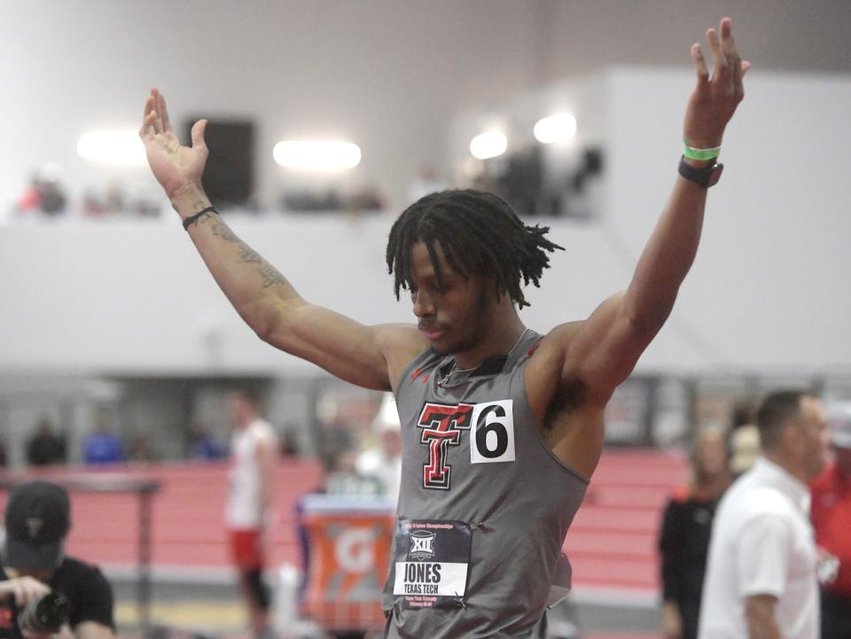 Texas Tech's Terrence Jones celebrates his first place time in the 200 meters at the Big 12 indoor track and field meet, Saturday, Feb. 24, 2024, at the Sports Performance Center.