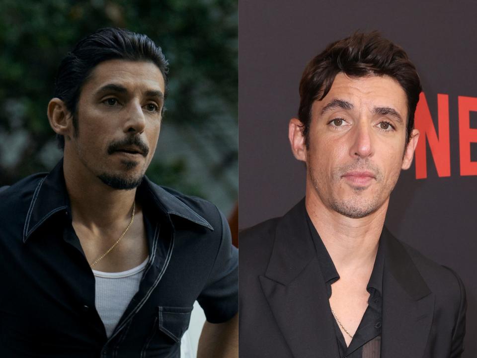 left: dario sepulveda in griselda, his hair slicked back and wearing a white tank under a collared shirt; right: alberto guerra at a premiere, his facial hair partially grown in