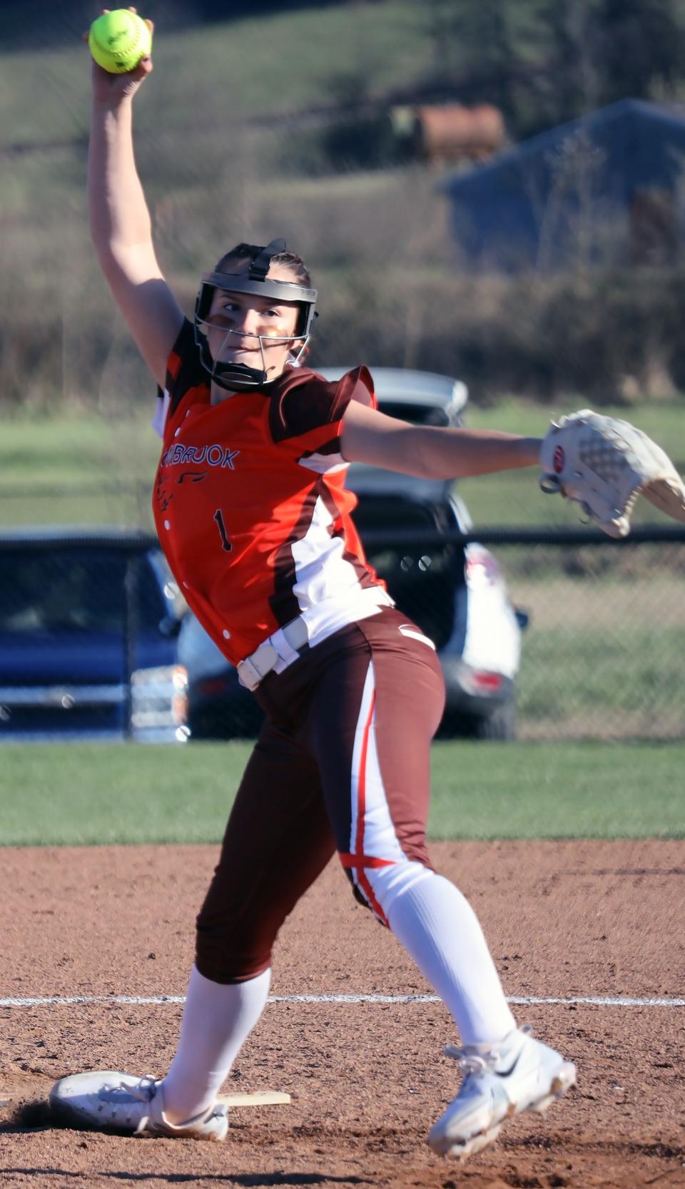 Meadowbrook sophomore Addy Sichina (1) pitches the ball during the Colts versus Bobcats softball game Friday night at Meadowbrook. Sichina has been a key to the Lady Colts getting off to a 6-2 start to the year. Sichina sports a 4-0 pitching record with an impressive 0.88 ERA.