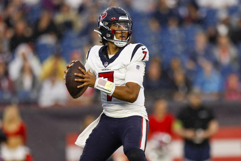 Houston Texans quarterback C.J. Stroud (7) prepare to make a pass during the first half of an NFL pre-season football game against the New England Patriots, Thursday, Aug. 10, 2023, in Foxborough, Mass. (AP Photo/Greg M. Cooper)