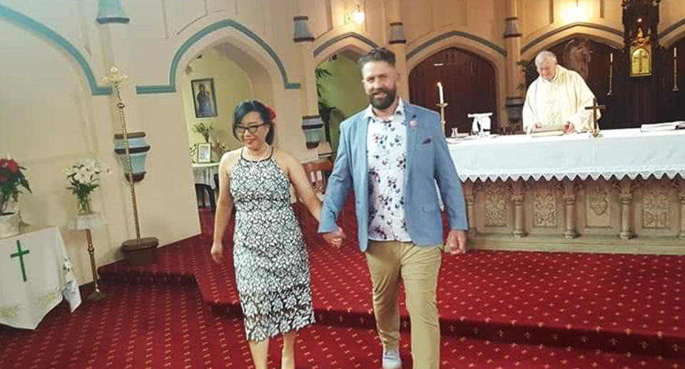 Christine Lim and her husband Patrick Beinke were married just days before they set off a honeymoon cruise with their kids in December last year. Source: Supplied