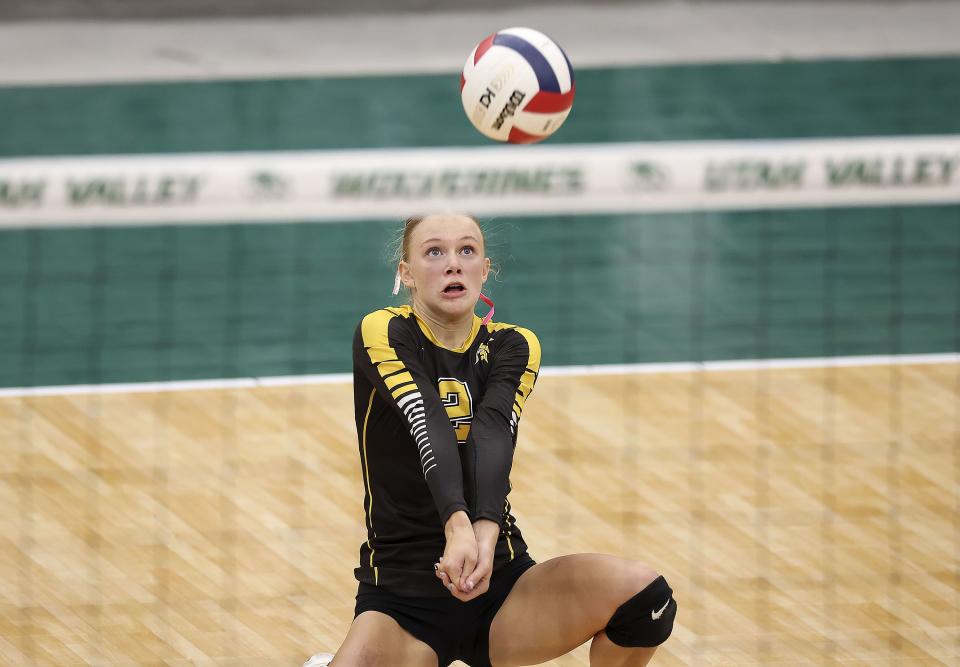 No. 1 seed Emery High School faces No. 2 seed Morgan High School in 3A state volleyball championships at Utah Valley University in Orem on Thursday, Oct. 26, 2023. | Laura Seitz, Deseret News