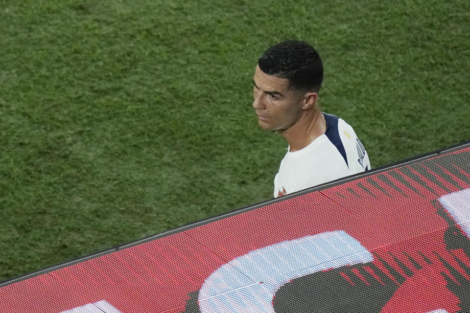 Portugal's Cristiano Ronaldo looks on after being substituted during the World Cup group H soccer match between South Korea and Portugal, at the Education City Stadium in Al Rayyan, Qatar, Friday, Dec. 2, 2022. (AP Photo/Darko Bandic)
