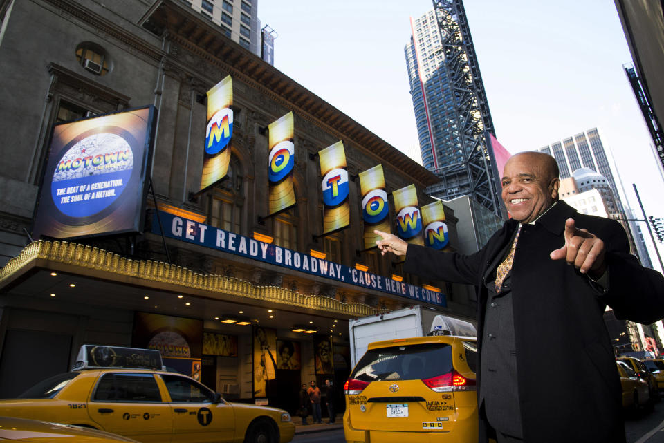 This March 5, 2013 photo shows Berry Gordy posing for a portrait in front of the Lunt-Fontanne Theatre in New York. For Berry Gordy, conquering Broadway is the next - and by his own admission, last - major milestone of a magical, musical career. The 83-year-old Motown Records founder is taking his story and that of his legendary label to the Great White Way. "Motown: The Musical," opens for previews Monday. (Photo by Charles Sykes/Invision/AP)