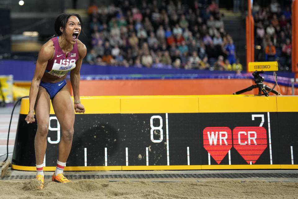 Tara Davis-Woodhall, of the United States, reacts after an attempt in the women's long jump during the World Athletics Indoor Championships at the Emirates Arena in Glasgow, Scotland, Sunday, March 3, 2024. (AP Photo/Bernat Armangue)