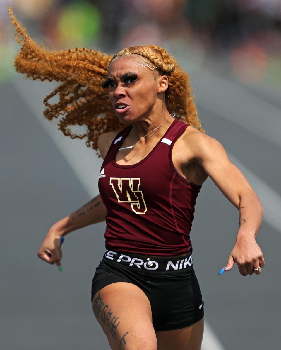 Walsh Jesuit senior Alexis Steward wins in the 100 meters Saturday at the Nordonia Knight Relays.