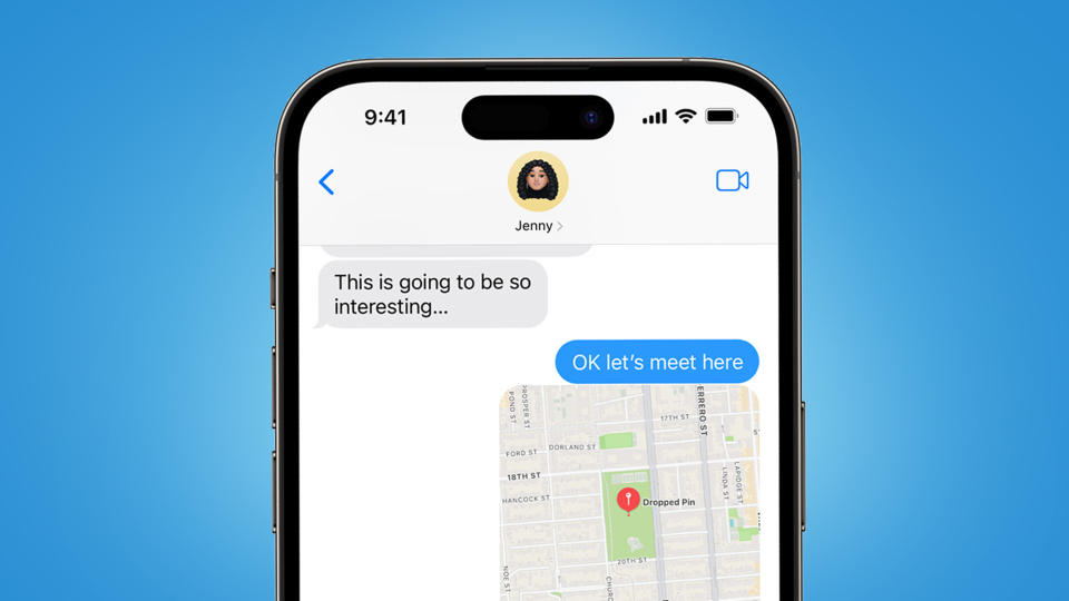 An iPhone on a blue background showing an iMessage conversation