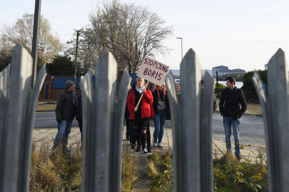 Protesters outside Wilton Engineering Services in Middlesbrough as Prime Minister Boris Johnson visits while on the campaign trail for the General Election. PA Photo. Picture date: Wednesday November 20, 2019. See PA story POLITICS Election. Photo credit should read: Stefan Rousseau/PA Wire