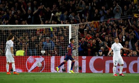 Neymar celebrates after scoring the second goal for Barcelona. Reuters / Paul Hanna