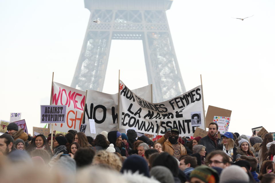 Protestors hold up anti Trump signs as over 2000 people protest during the Women's march on the Trocadero in front of the Eiffel Tower march on January 21, 2017 in Paris, France. The Women's March originated in Washington DC but soon spread to be a global march calling on all concerned citizens to stand up for equality, diversity and inclusion and for women's rights to be recognised around the world as human rights. Global marches are now being held, on the same day, across seven continents.&nbsp;
