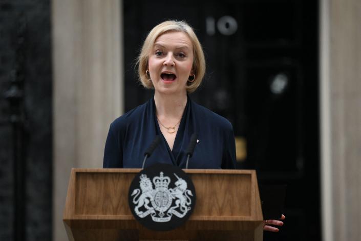Britain's Prime Minister Liz Truss delivers a speech outside of 10 Downing Street in central London on Oct. 20, 2022, to announce her resignation. / Credit: DANIEL LEAL/AFP via Getty Images