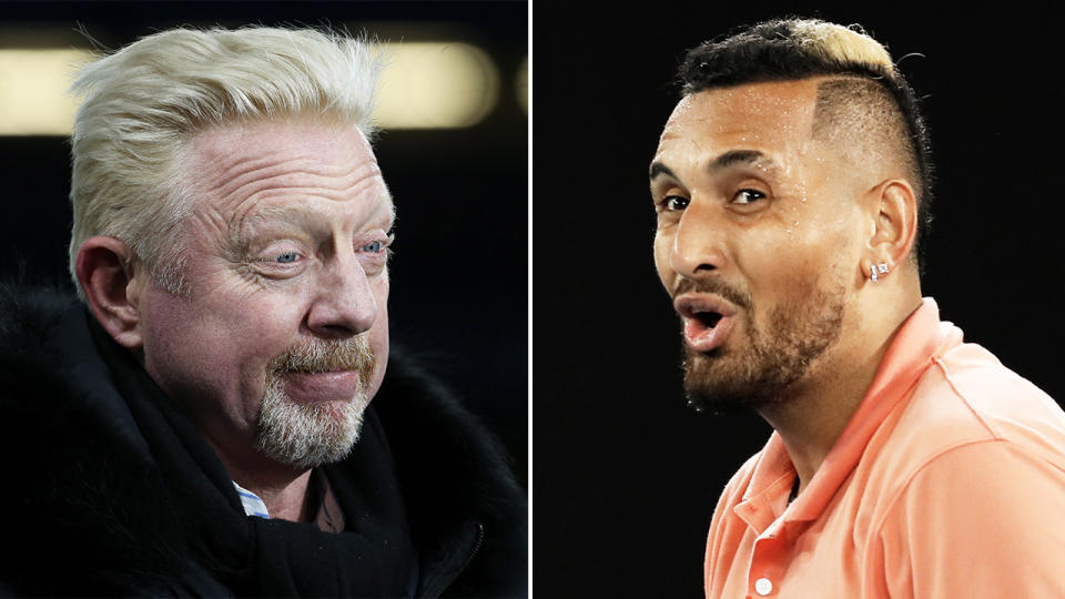 Aussie Nick Kyrgios (pictured right) reacting in awe after a point and Boris Becker (pictured left) watching sport.