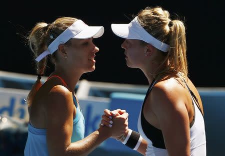 Tennis - Australian Open - Melbourne Park, Melbourne, Australia - 18/1/17 Germany's Angelique Kerber shakes hands after winning her Women's singles second round match against Germany's Carina Witthoeft. REUTERS/Thomas Peter