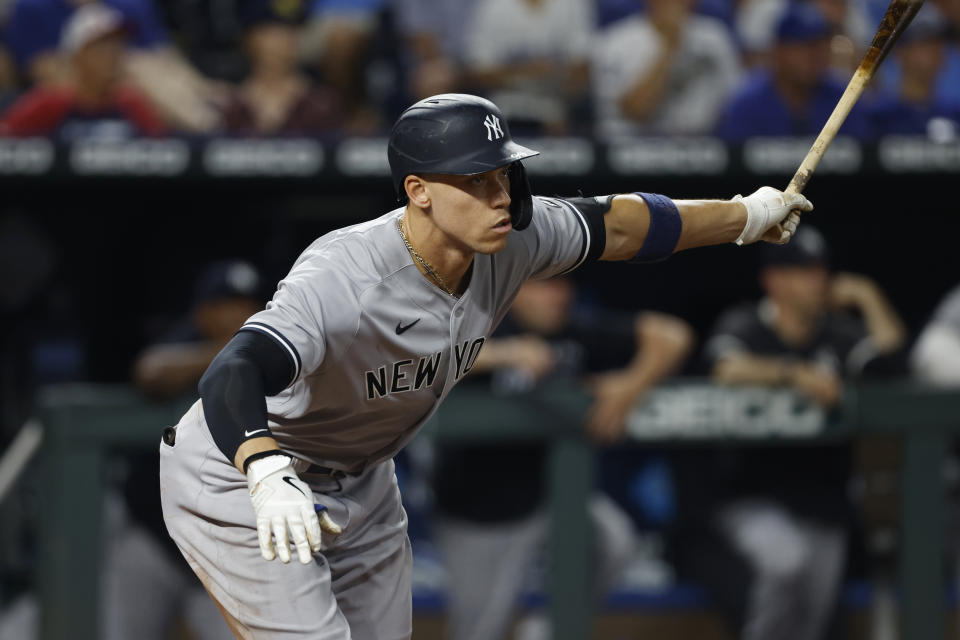 New York Yankees' Aaron Judge hits in the go-ahead run during the eighth inning of a baseball game against the Kansas City Royals at Kauffman Stadium in Kansas City, Mo., Monday, Aug. 9, 2021. (AP Photo/Colin E. Braley)