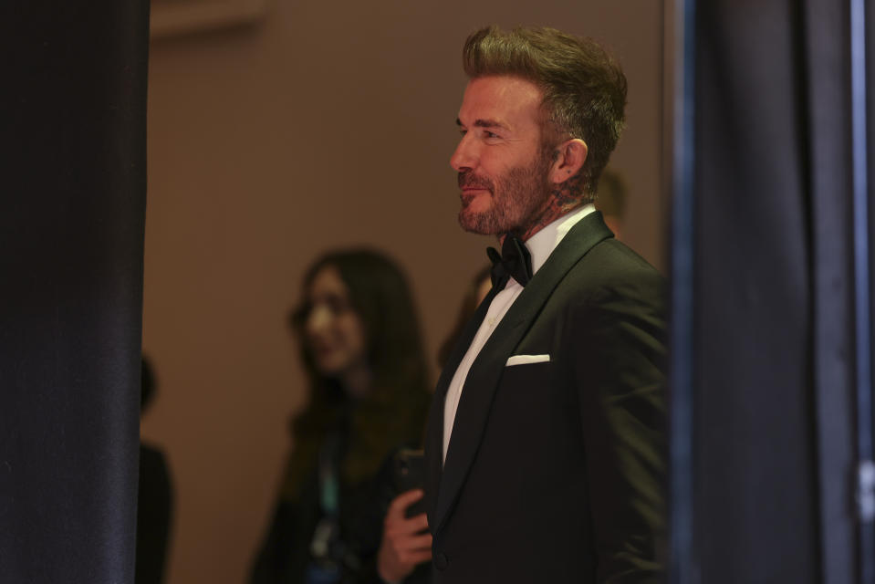 David Beckham poses for photographers at the 77th British Academy Film Awards, BAFTA's, in London, Sunday, Feb. 18, 2024. (Photo by Vianney Le Caer/Invision/AP)