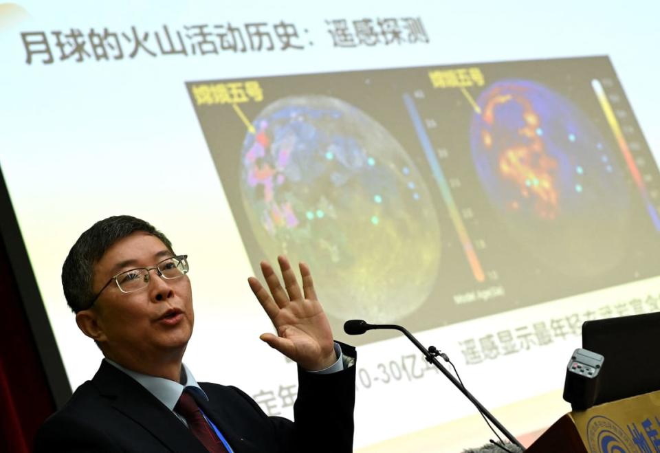 <div class="inline-image__caption"><p>Li Xianhua, China Academy of Sciences academician and Institute of Geology, speaks during a press conference in Beijing on Oct. 19.</p></div> <div class="inline-image__credit">Noel Celis/AFP via Getty</div>