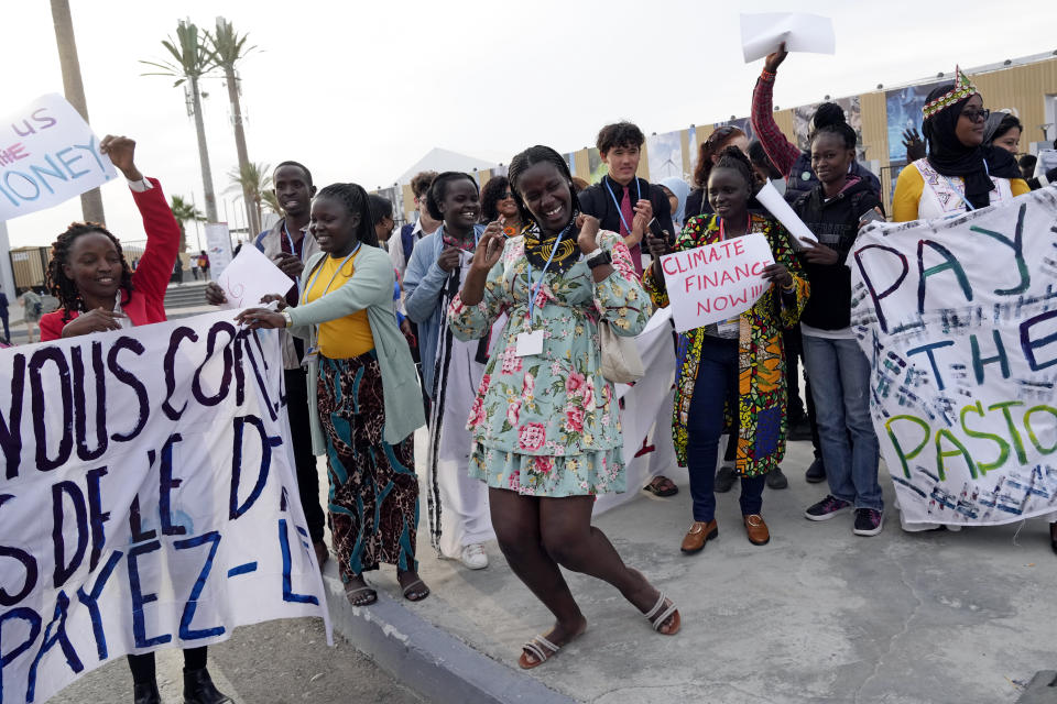 Demonstrators participate in a protest at the COP27 U.N. Climate Summit, Thursday, Nov. 17, 2022, in Sharm el-Sheikh, Egypt. (AP Photo/Peter Dejong)