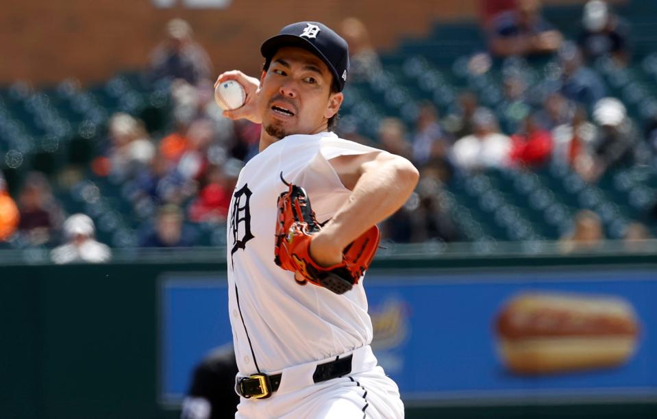 Detroit Tigers starting pitcher Kenta Maeda throws during the first inning of the game between the Detroit Tigers and the Texas Rangers at Comerica Park in Detroit on Thursday, April 18, 2024. The Tigers lost 9-7.