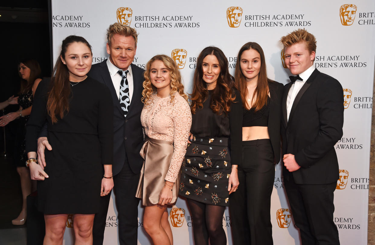 Gordon Ramsay and his wife Tana pose with four of their five children, he has said he doesn't practice swearing in front of them. (Getty Images)