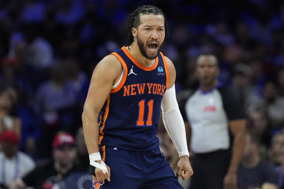 The New York Knicks' Jalen Brunson reacts during Game 4 against the Philadelphia 76ers on Sunday in Philadelphia. (AP Photo/Matt Slocum)