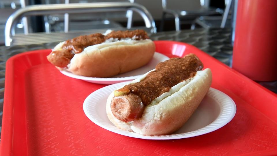 Hotdogs with mustard, chili, and onions from Jersey Johnny's in Woodland Park.