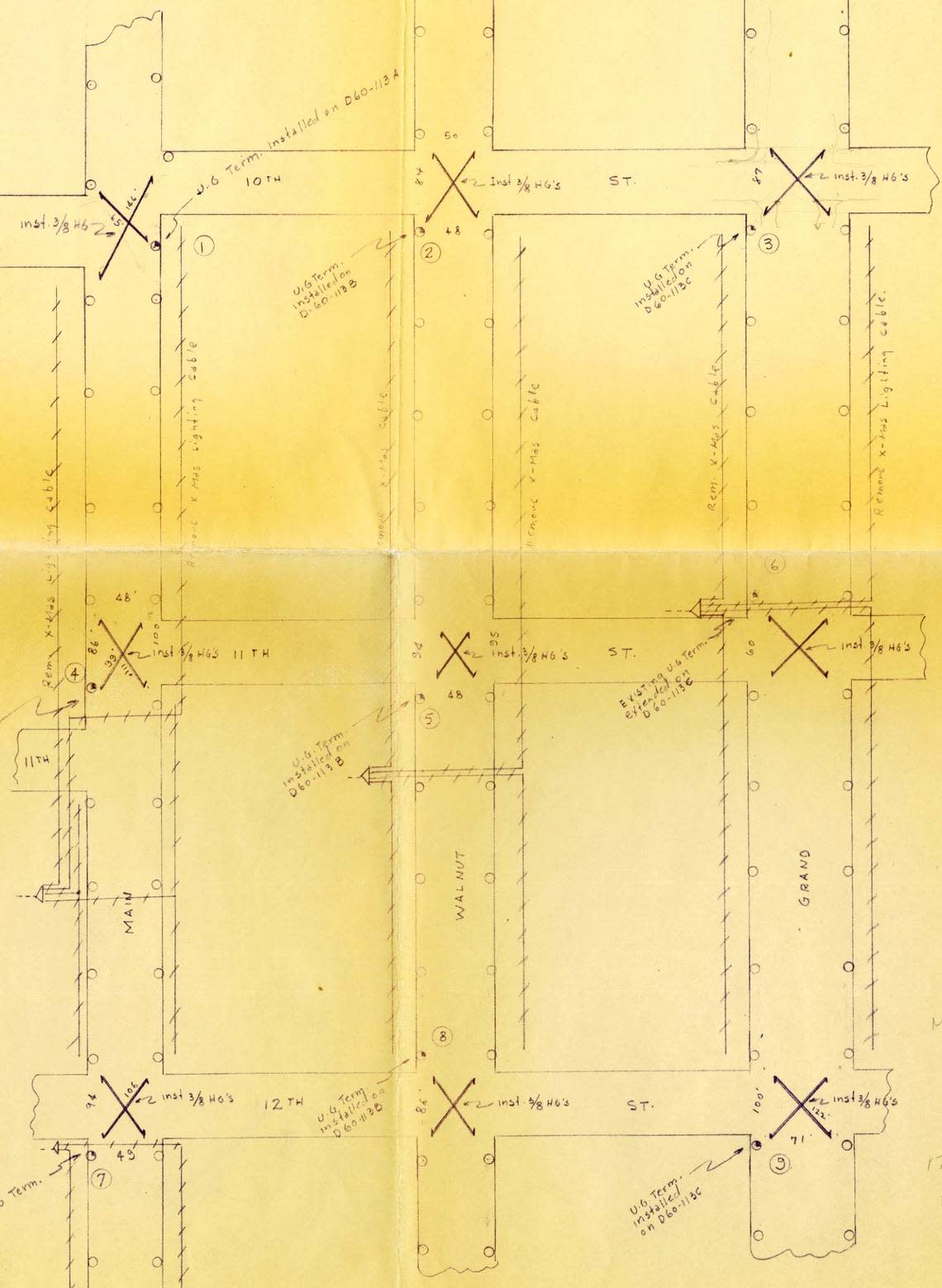 Purucker’s map showing the locations of downtown’s nine Christmas crowns, from 10th Street south to 12th, and from Walnut Street east to Grand. COURTESY OF THE PURUCKER FAMILY