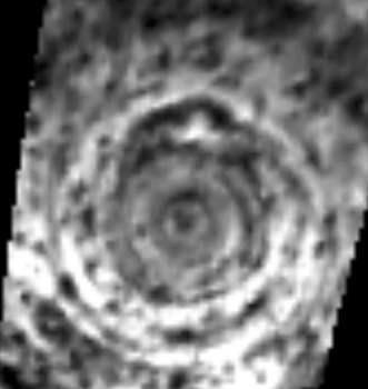 This still image from a black-and-white movie from NASA's Cassini mission shows a polar projection of the curious six-sided jet stream at Saturn's north pole known as "the hexagon" in the infrared. The images were obtained on June 14, 2013.